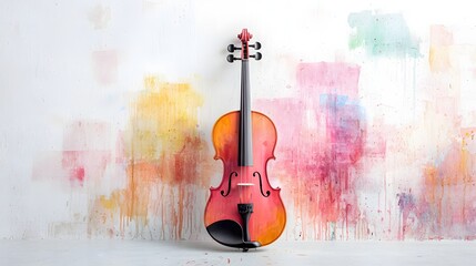 Elegant Violin Stands Against Abstract Colorful Background with Paint Drips and Splashes