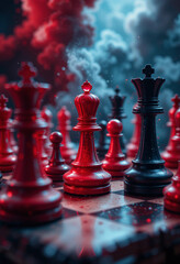 Dramatic Chessboard Showdown Red Queen vs. Black King in a Smoky Battle