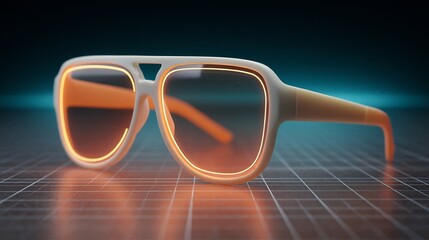Futuristic aviator sunglasses with luminous orange frames on a grid surface