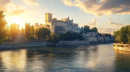 Fototapeta premium Avignon Castle: Golden Hour River Landscape, Romantic French Scene