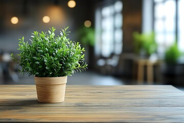 Lush green potted plant on rustic wooden table in bright indoor environment