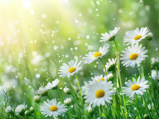 Peaceful closeup white chamomiles daisies background. Beautiful nature flowers. sunset field landscape © Poramet