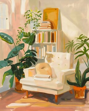A serene indoor setting featuring a plush beige armchair, bookshelf, and potted plants, bathed in soft light and warm colors.