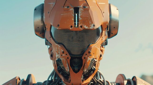 A worn, orange-and-black robot with a visor and mechanical arm stands out against a blurred blue sky, evoking science fiction and futuristic technology.