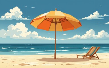Beautiful colorful background for summer beach concept. A sunlit beach scene featuring an umbrella and a lounge chair by the ocean.