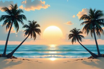 Beautiful colorful background for summer beach concept. Vibrant sunset over the ocean with palm trees lining the sandy beach.