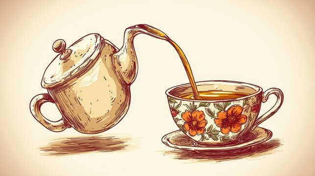Vintage-styled tea ritual a charming teapot pours a soothing bre