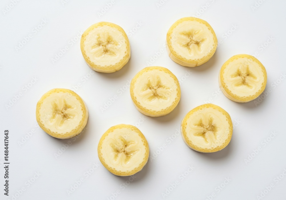 Poster seven banana slices arranged on a white surface in a simple and clean composition