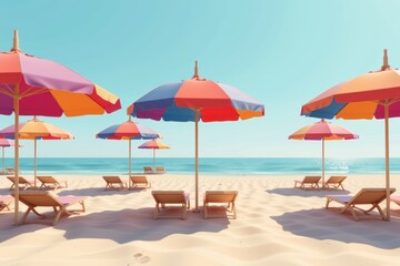 Fototapeta premium Beautiful colorful background for summer beach concept. Colorful beach umbrellas on a sandy shore, overlooking a tranquil ocean.