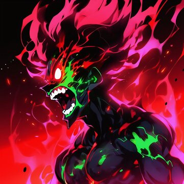 A muscular, fiery-red-haired male with glowing red eyes and sharp teeth, set against a dark background, exudes intense emotion and energy in an anime-inspired style.
