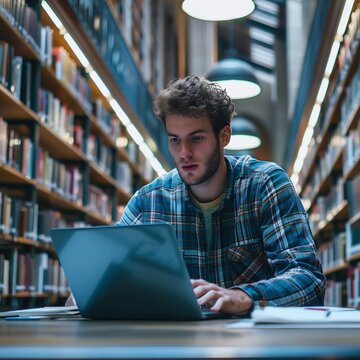 A young person with curly hair sits focused on his laptop in a well-lit library, surrounded by bookshelves.