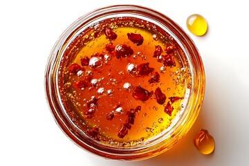 Overhead view of honey in glass jar with dried fruit and bubbles on white