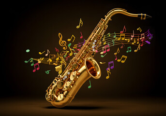 Fototapeta premium Golden saxophone with musical notes music sound and performance concept