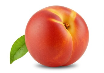 A single ripe nectarine with a green leaf is isolated on a white background in studio lighting