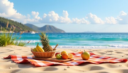 Beautiful colorful background for summer beach concept. Beach picnic setup with fruits on a checkered blanket near the ocean.