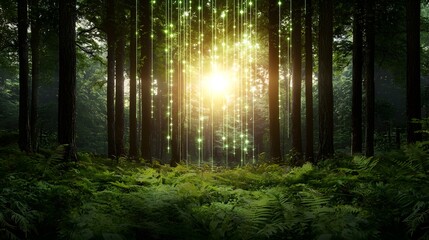 Obraz premium Enchanted Forest with Shimmering Light Rays and Lush Greenery in a Serene Environment