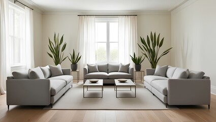 Fototapeta premium Bright and Airy Modern Living Room with Symmetrical Grey Sofas