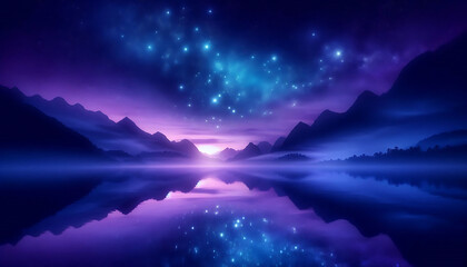 Ethereal Mountain Lake at Sunset with Starry Sky Reflection