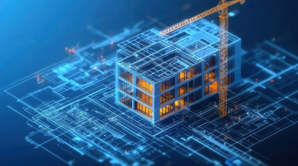 construction building information modeling bim concept with 3d model and blueprints vector illustration.