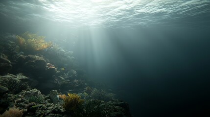 Sunlight Rays Illuminating Underwater Coral Reef Environment