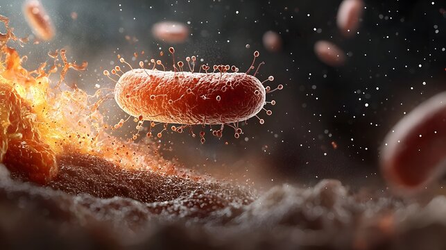 A modern and minimal depicting the transmission of Salmonella Typhi bacteria through the intestines and into the bloodstream causing a systemic infection and the disease known as typhoid fever
