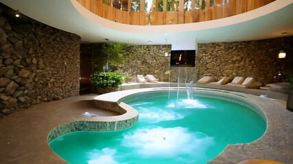 The video rotates 360 degrees in a tranquil spa environment featuring smooth river stone walls, water features, and soft bounce lighting for a serene spa ambiance