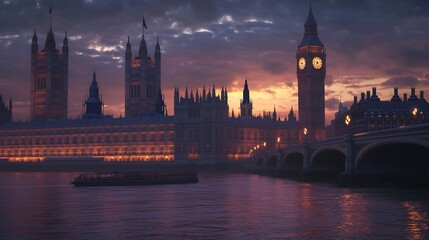Fototapeta premium London Parliament at Dusk: Serene Twilight Cityscape