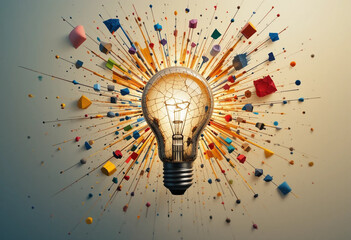 Cracked Light Bulb Exploding with Paint, Ink, and 3D Geometric Shapes