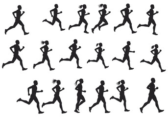 Diverse Running Silhouettes of Men and Women in Various Running Poses