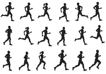 Silhouetted Runners in Dynamic Poses Representing Movement and Exercise