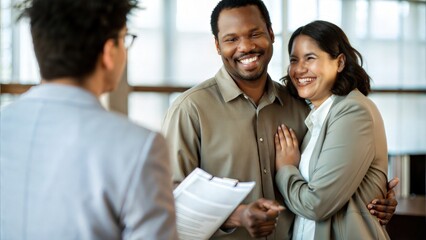 Happy Interracial Couple Congratulated by Bank Manager on Mortgage Deal
