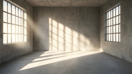 Empty Industrial Room with Windows Casting Shadows and Soft Light on Concrete Walls