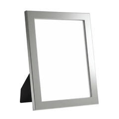 Silver picture frame featuring a blank white display screen with backing, simple design