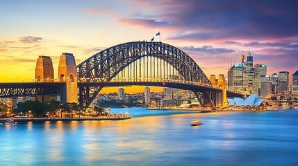 Obraz premium Sydney Harbour Bridge: A Serene Sunset Panorama