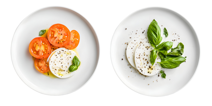 Refined Caprese Presentation: Artful Mozzarella, Tomatoes, and Basil on White Plates