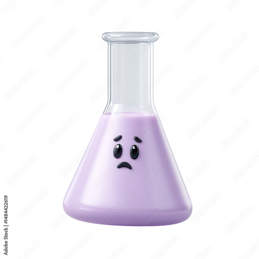 Poster playful and colorful laboratory glass container in the shape of a cartoon character against a plain 