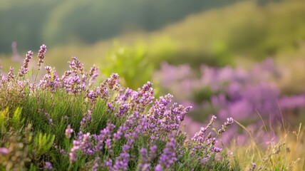 Blooming Lavender Flowers in a Peaceful Meadow during Springtime in Natural Landscape