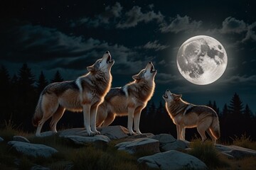  three wolf howling at night