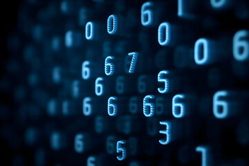 Obraz premium Digital blue numbers floating in a dark space, representing data, coding, or technology concepts.