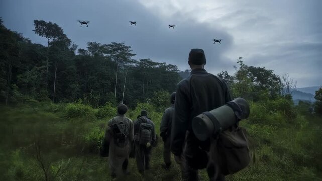 Rangers equipped with hiking gear receive a delivery of antivenom kits from a synchronized formation of drones hovering above a remote lush forest clearing.