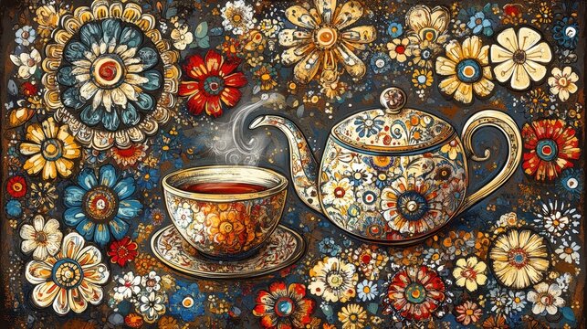Floral tapestry with teapot and teacup ornate design vintage sty
