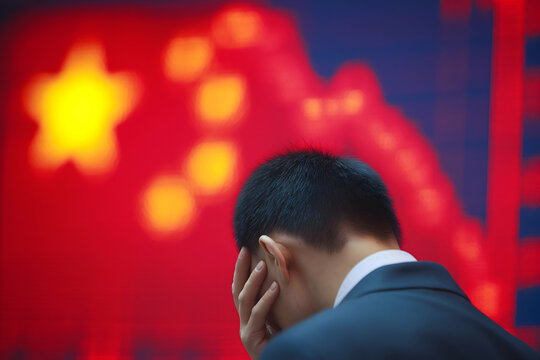 A man holds his head in concern, standing before a blurred Chinese flag backdrop with a red and yellow color scheme. - Powered by Adobe