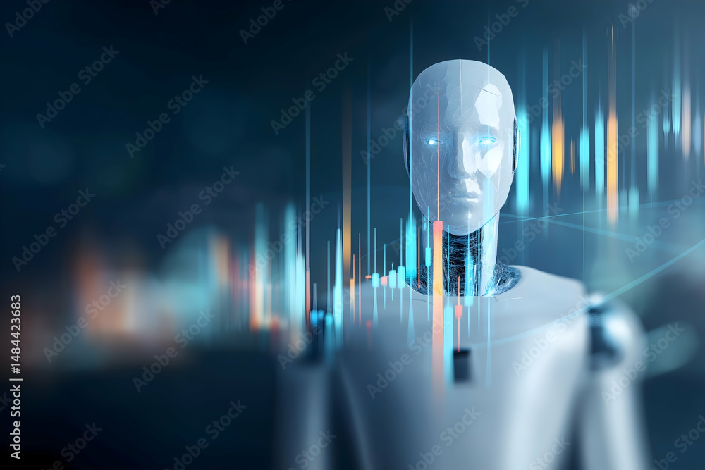 Aufkleber a futuristic robot with digital data graphs, symbolizing artificial intelligence and advanced techno