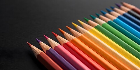 Fototapeta premium Vibrant Spectrum Of Colored Pencils Aligned Neatly On ADark Background Creating AVivid And Artistic Display Of Color And Texture
