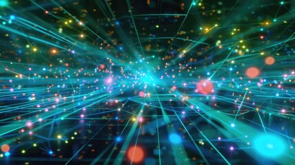 Naklejka premium Abstract picture of neon light particle glow with digital technology style design connecting become dynamic of electric movement represent about flowing of data or structure of network system. AIG53.