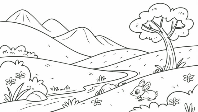 Cute cartoon meadow with mountains, mouse deer and river. Coloring pages for kids