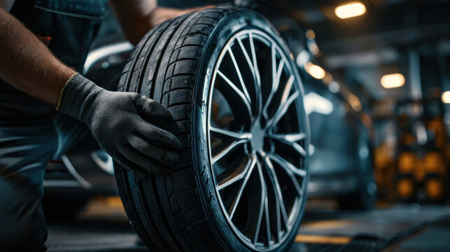 Close-up of mechanic installing a brand-new tire onto car wheel, background softly blurred with visible auto shop environment and modern tools