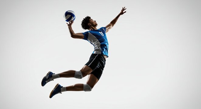 Athletic male volleyball player spiking the ball in mid-air against a white backdrop