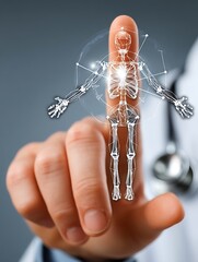 Doctor touching 3D human skeleton