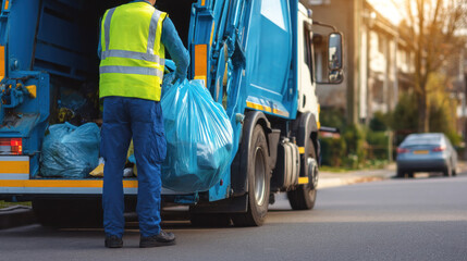 Close-up of municipal worker lifting household trash into garbage collection vehicle, parked along residential road, concept of city waste management